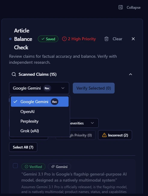 Fact verification showing verified claims