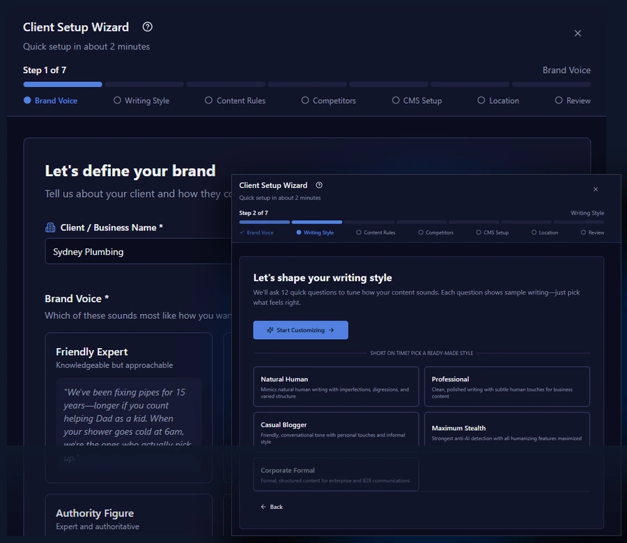 Client Setup Wizard — defining brand voice and writing style