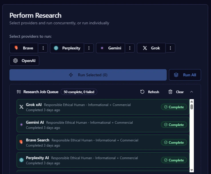 Five AI providers running research simultaneously in Lyfe Forge